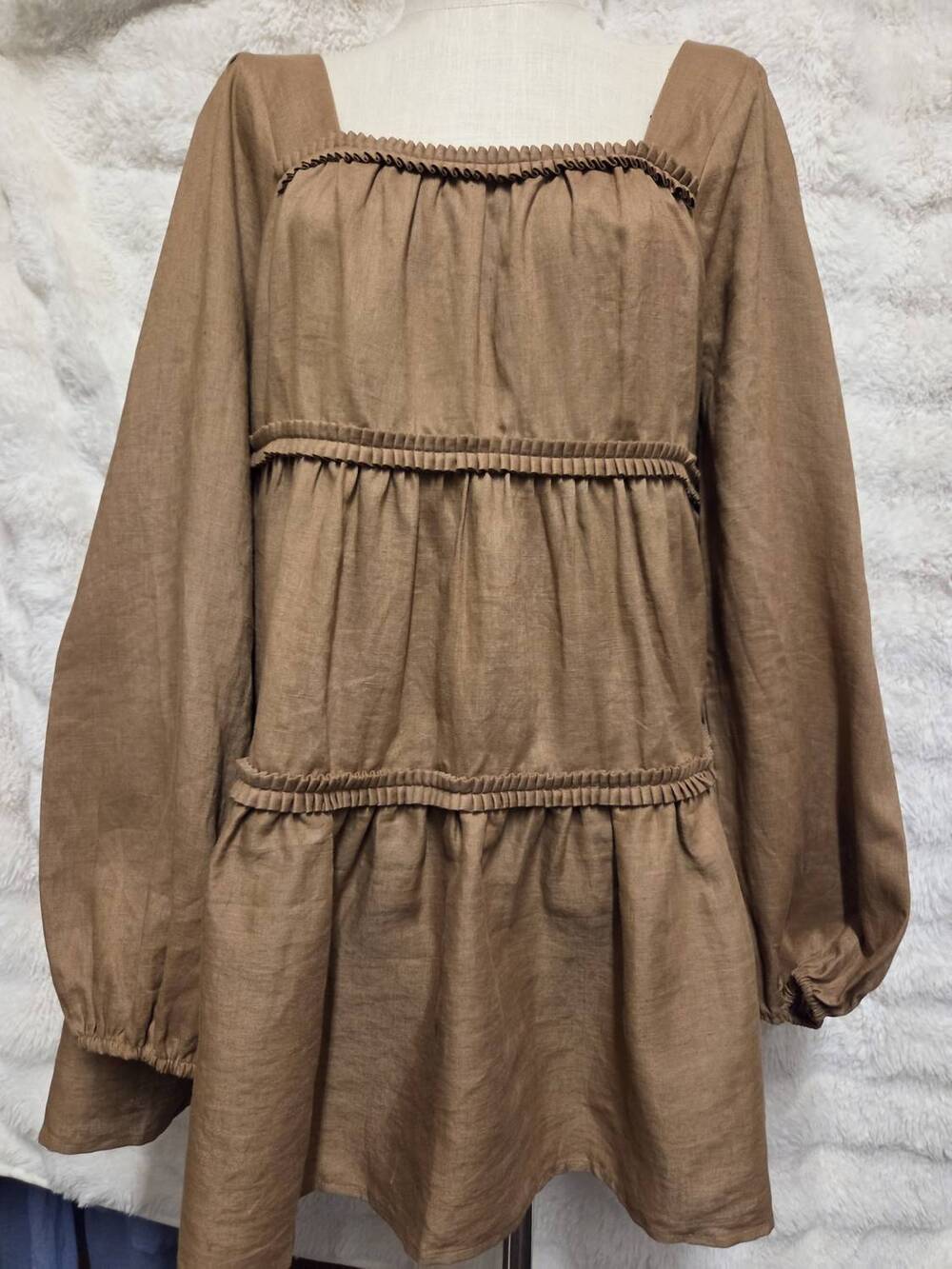 NEW SANCIA women's linen tiered sleeve dress in toffee